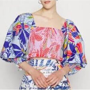 Farm Rio Mixed Birds Colorful Smocked Off-Shoulder Women's Crop Top